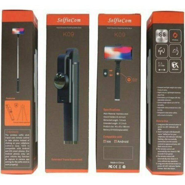 K09 Selfie Stick με Τηλεχειριστήριο Μαύρο